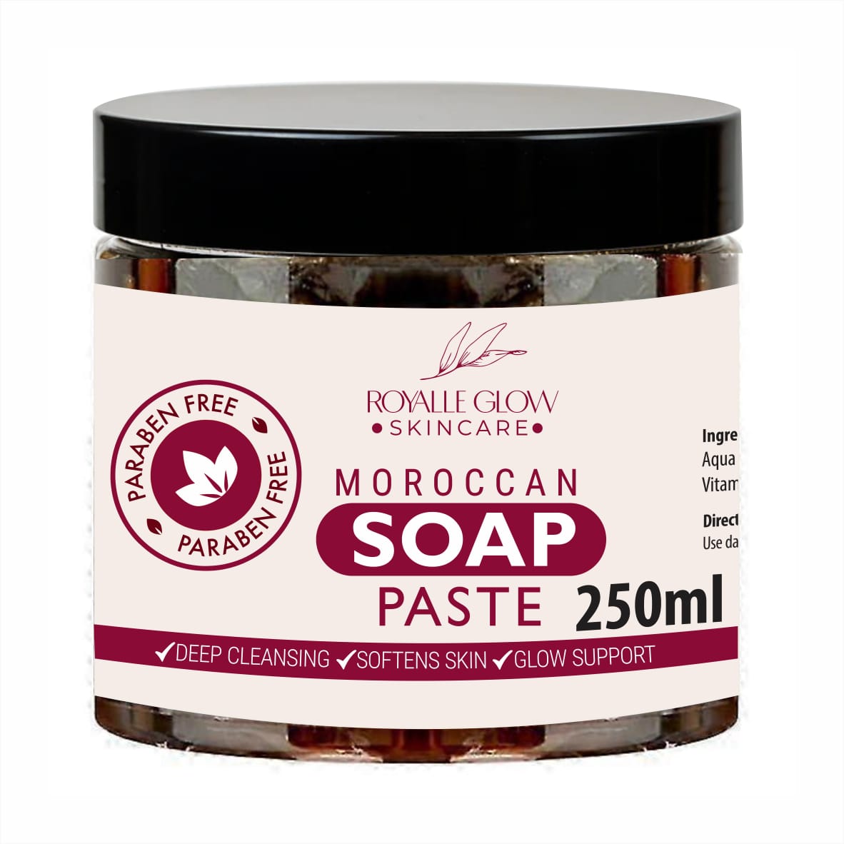 Royalle Glow Skincare Moroccan Black Soap Paste for Soft Smooth Skin 250ml