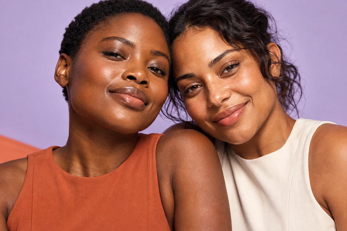 Editorial portrait of two women with natural skin texture